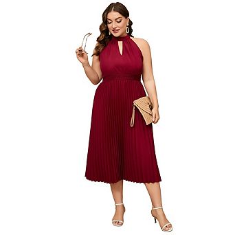 Women's Plus Size Dressd Summer Halter Neck Sleeveless Dress Backless Flowy Pleate Midi Sundress