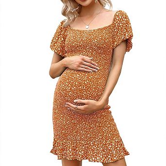 Women's Square Neck Allover Smocked Flounce Short Sleeve Maternity Swing Dress