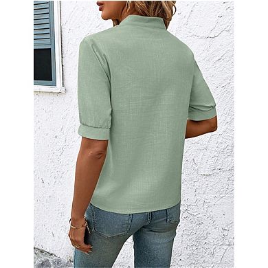 Women's Floral Embroidered V Neck Short Sleeve Shirt