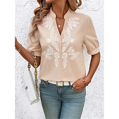 Women's Floral Embroidered V Neck Short Sleeve Shirt