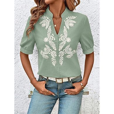 Women's Floral Embroidered V Neck Short Sleeve Shirt
