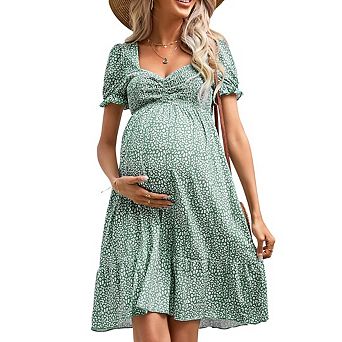 Women's Sweetheart Neck Ruffle Maternity Dress a-Line Flowy Mini Boho Dress for Wedding Guest