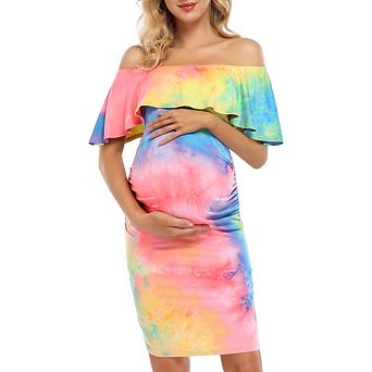 Off Shoulder Ruffle Sleeveless Tie Dye Midi Maternity Dress