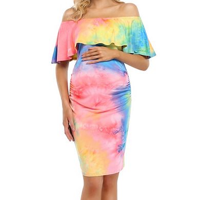 Off Shoulder Ruffle Sleeveless Tie Dye Midi Maternity Dress
