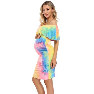 Off Shoulder Ruffle Sleeveless Tie Dye Midi Maternity Dress
