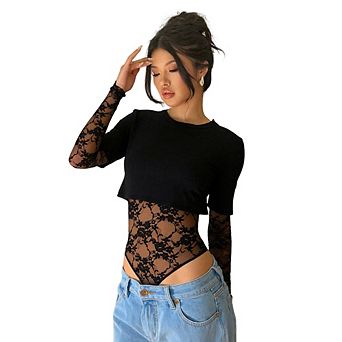 Women's 2-in-1 Lace Mesh Long Sleeve Bodysuit, Round Neck Crop Top Layered Look Bodysuit