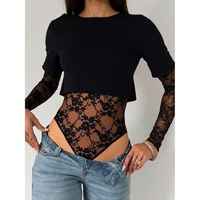 Women's 2-in-1 Lace Mesh Long Sleeve Bodysuit, Round Neck Crop Top Layered Look Bodysuit
