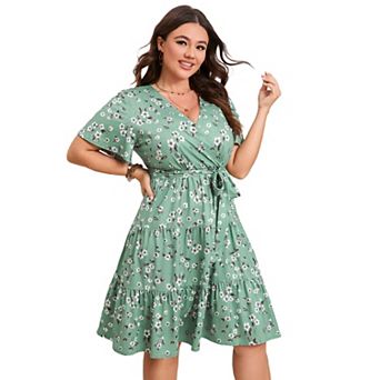 Women Plus Size Dress Short Sleeve V Neck Casual Summer Flowy Summer Mini Dress with Empire Waist