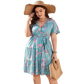 Women Plus Size Dress Short Sleeve V Neck Casual Summer Flowy Summer Mini Dress with Empire Waist