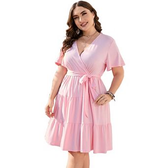 Women Plus Size Dress Short Sleeve V Neck Casual Summer Flowy Summer Mini Dress with Empire Waist