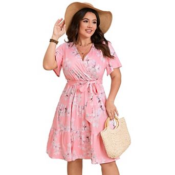 Women Plus Size Dress Short Sleeve V Neck Casual Summer Flowy Summer Mini Dress with Empire Waist