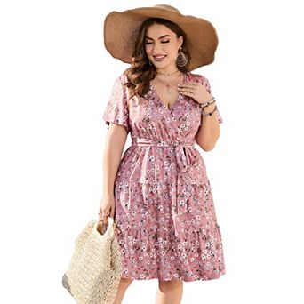 Women Plus Size Dress Short Sleeve V Neck Casual Summer Flowy Summer Mini Dress with Empire Waist