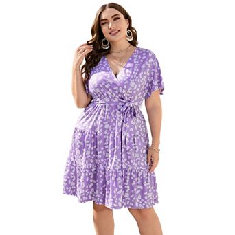 Women Plus Size Dress Short Sleeve V Neck Casual Summer Flowy Summer Mini Dress with Empire Waist
