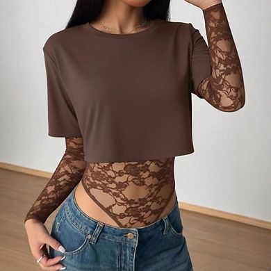 Women's 2-in-1 Lace Mesh Long Sleeve Bodysuit, Round Neck Crop Top Layered Look Bodysuit