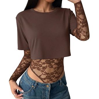 Women's 2-in-1 Lace Mesh Long Sleeve Bodysuit, Round Neck Crop Top Layered Look Bodysuit