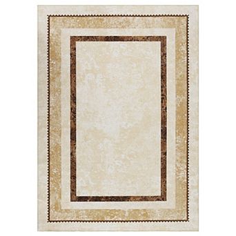 Washable Modern Geometric Bordered Area Rug, Non-Slip Low Pile Carpet for Living Room Bedroom Indoor