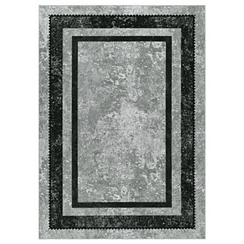 Washable Modern Geometric Bordered Area Rug, Non-Slip Low Pile Carpet for Living Room Bedroom Indoor