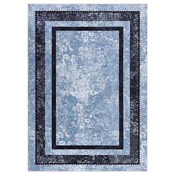 Washable Modern Geometric Bordered Area Rug, Non-Slip Low Pile Carpet for Living Room Bedroom Indoor