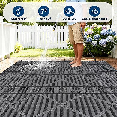 Outdoor Rug 320GSM PP Woven Double Sided Same Pattern Waterproof Geometric Patio Mat