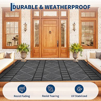 Outdoor Rug 320GSM PP Woven Double Sided Same Pattern Waterproof Geometric Patio Mat