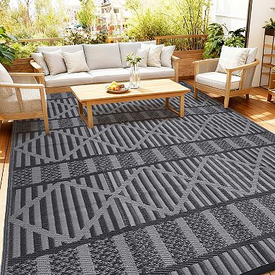 Outdoor Rug 320GSM PP Woven Double Sided Same Pattern Waterproof Geometric Patio Mat