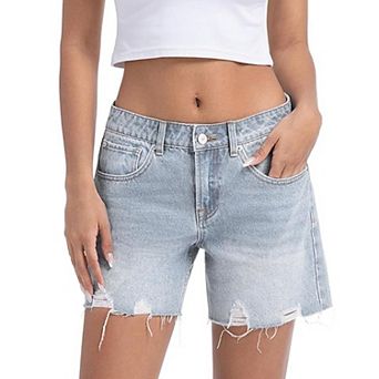Women's Casual Frayed Denim Shorts, Mid Rise Distressed Raw Hem Relaxed Jean Shorts