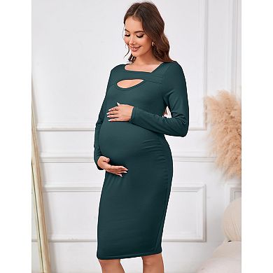 GlowSol Maternity Lantern Long Sleeve Cutout Crew Neck A-Line Bodycon Midi Dresses