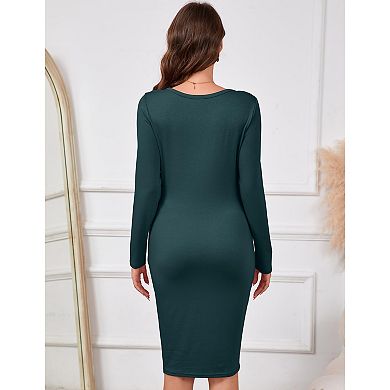 GlowSol Maternity Lantern Long Sleeve Cutout Crew Neck A-Line Bodycon Midi Dresses