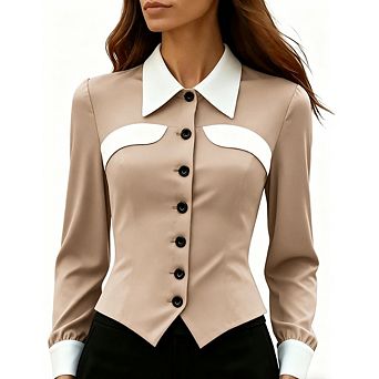 Women's Color Block Long Sleeve Blouse Slim Fit Button Down Work Shirt Elegant Business Casual Tops