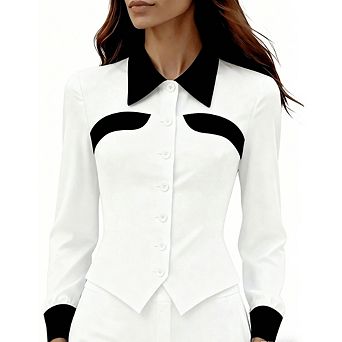 Women's Color Block Long Sleeve Blouse Slim Fit Button Down Work Shirt Elegant Business Casual Tops