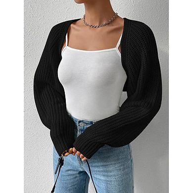 GlowSol Womens Plus Size Long Sleeve Open Front Crop Cardigans Knit Bolero Shrug Sweater