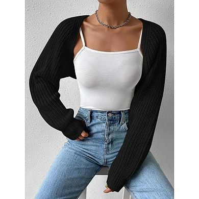 GlowSol Womens Plus Size Long Sleeve Open Front Crop Cardigans Knit Bolero Shrug Sweater