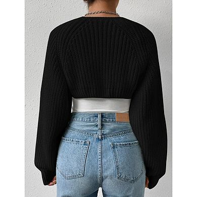 GlowSol Womens Plus Size Long Sleeve Open Front Crop Cardigans Knit Bolero Shrug Sweater