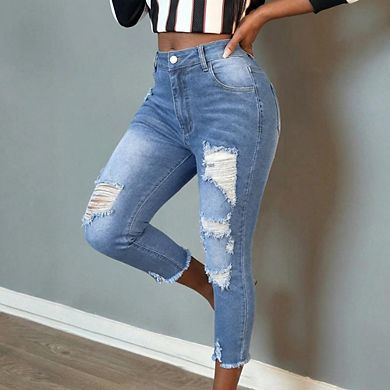Women's Mid Rise Distressed Cropped Jeans Skinny Denim Pants with Ripped Details