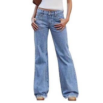 Women's Low Rise Wide Leg Jeans Frayed Hem Denim Pants with Pockets