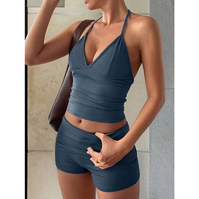 Women's 2 Piece Set Casual Halter Top Biker Shorts Workout Outfit