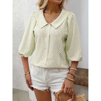 Collared V Neck Puff Sleeve Striped Button Down Shirt Casual Daily Commute Vacation Summer Wear
