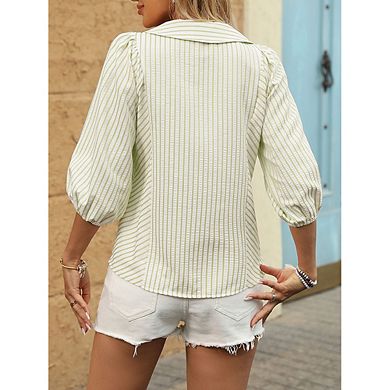Collared V Neck Puff Sleeve Striped Button Down Shirt Casual Daily Commute Vacation Summer Wear