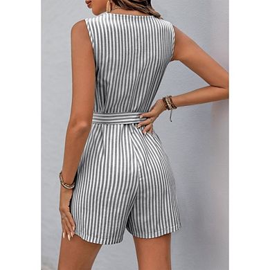 Women's Striped Sleeveless Romper V Neck Belted Button Down Casual Short Jumpsuit