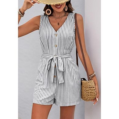 Women's Striped Sleeveless Romper V Neck Belted Button Down Casual Short Jumpsuit