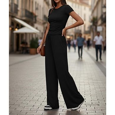 Women's 2 Piece Loungewear Set Short Sleeve Ruched Top Wide Leg Pants Outfit