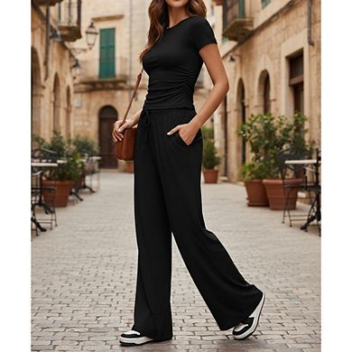 Women's 2 Piece Loungewear Set Short Sleeve Ruched Top Wide Leg Pants Outfit