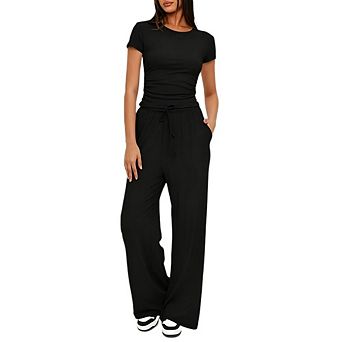 Women's 2 pc Loungewear Set Short Sleeve Ruched Top Wide Leg Pants Outfit