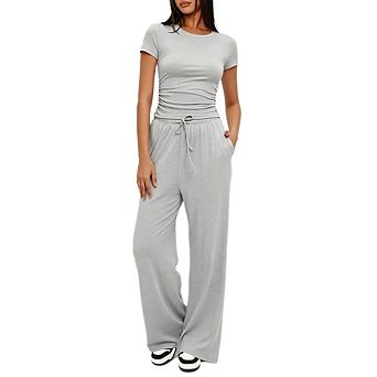 Women's 2 pc Loungewear Set Short Sleeve Ruched Top Wide Leg Pants Outfit