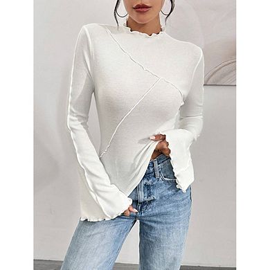 Women's High Neck Long Sleeve Top Irregular Hem Ruffle Trim Slim Fit Casual Daily Commute Versatile