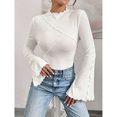 Women's High Neck Long Sleeve Top Irregular Hem Ruffle Trim Slim Fit Casual Daily Commute Versatile