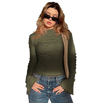 Women's High Neck Long Sleeve Top Irregular Hem Ruffle Trim Slim Fit Casual Daily Commute Versatile