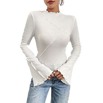 Women's High Neck Long Sleeve Top Irregular Hem Ruffle Trim Slim Fit Casual Daily Commute Versatile