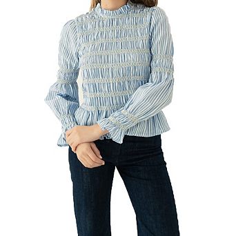 Women's High Neck Long Sleeve Top Striped Smocked Ruffle Trim Casual Daily Commute Versatile Blouse