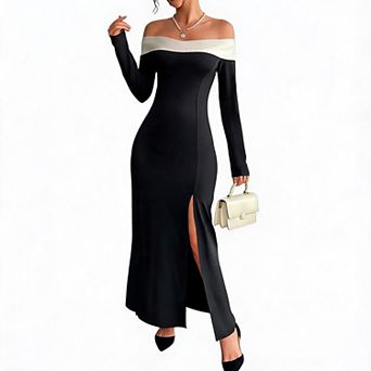 Women's Elegant Bodycon Maxi Dress Long Sleeve Off The Shoulder High Slit Cocktail Prom Dresses